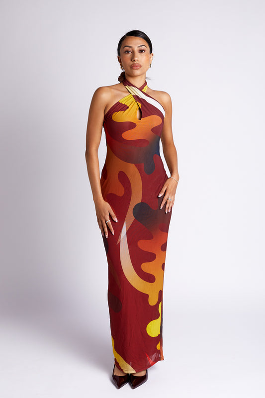 Tionne Gye Nyame African Print Halter Neck Mesh Maxi Dress