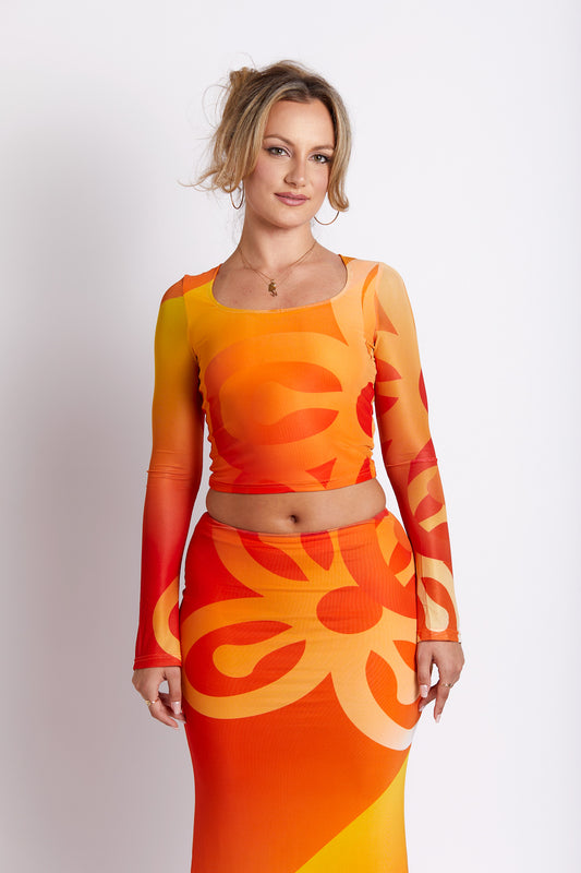 Jae Bese Saka African Print Flared Sleeve Mesh Top