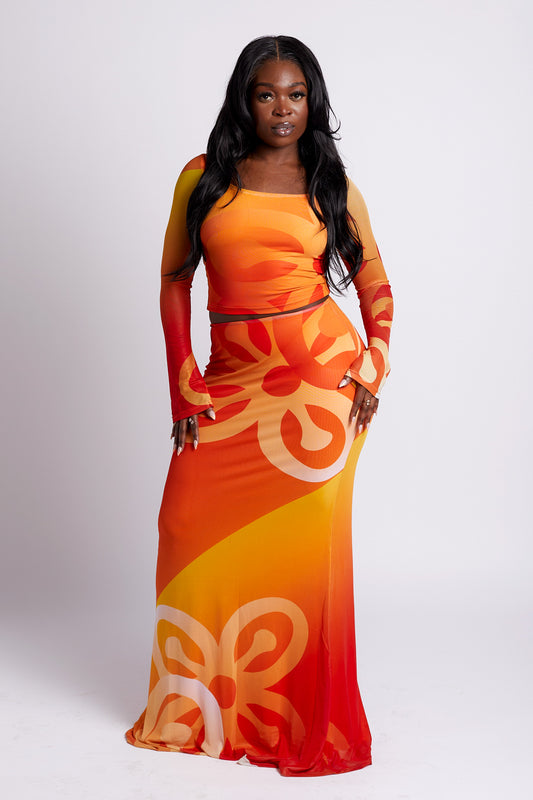 Jae Bese Saka African Print Mesh Maxi Skirt