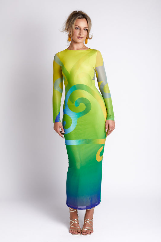 Sofia Sankofa African Print Long Sleeve Mesh Maxi Dress - Emerald