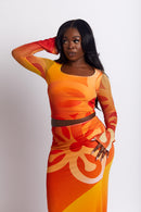 Jae Bese Saka African Print Flared Sleeve Mesh Top