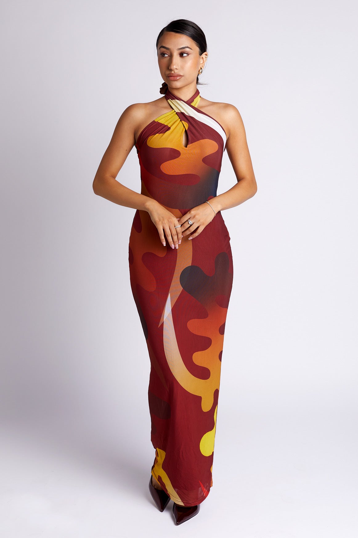 Tionne Gye Nyame African Print Halter Neck Mesh Maxi Dress