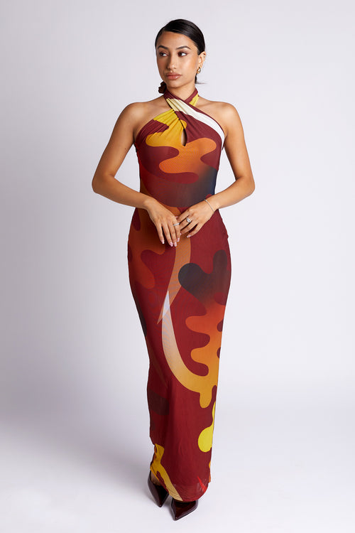 Tionne Gye Nyame African Print Halter Neck Mesh Maxi Dress
