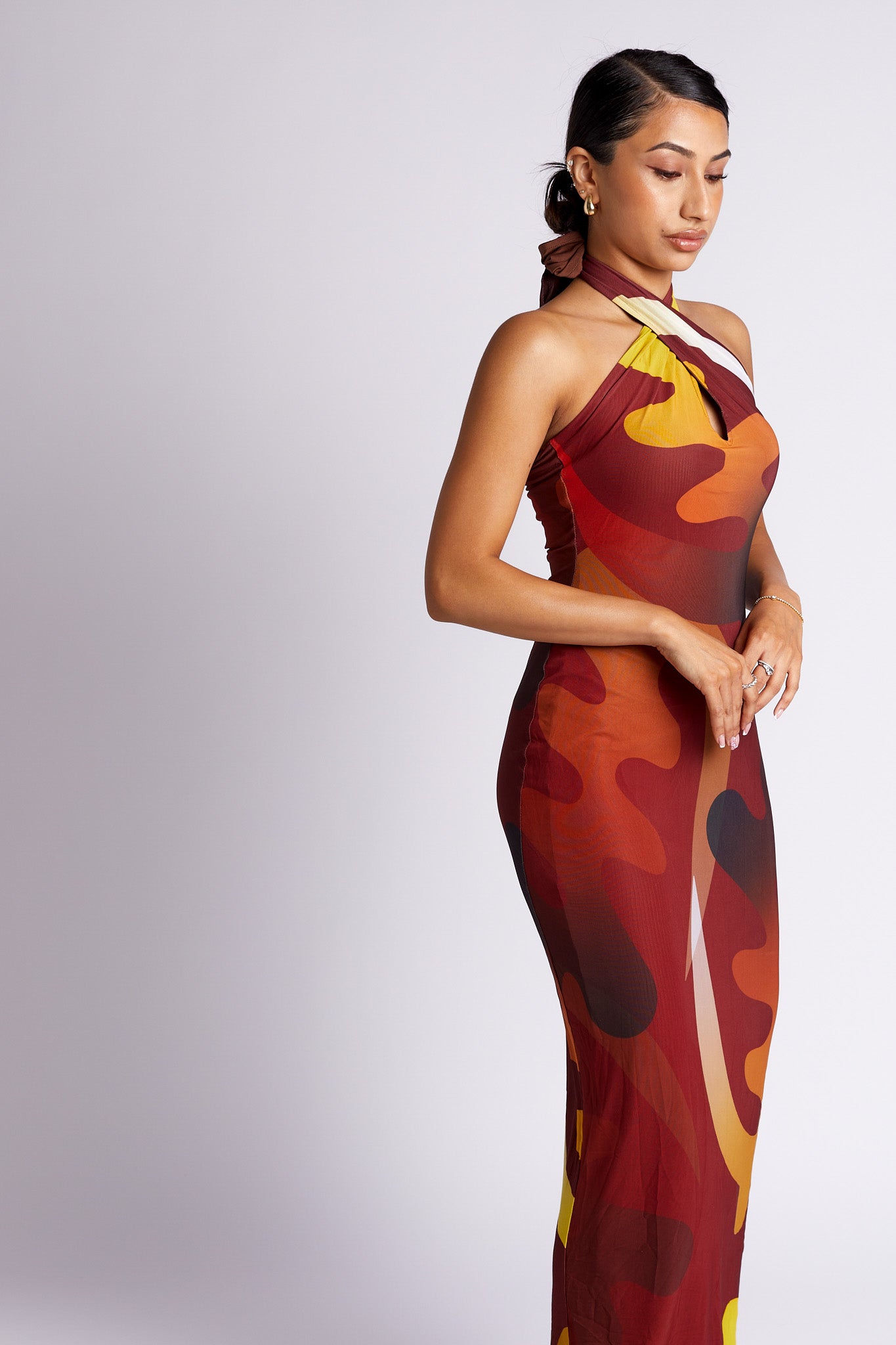 Tionne Gye Nyame African Print Halter Neck Mesh Maxi Dress