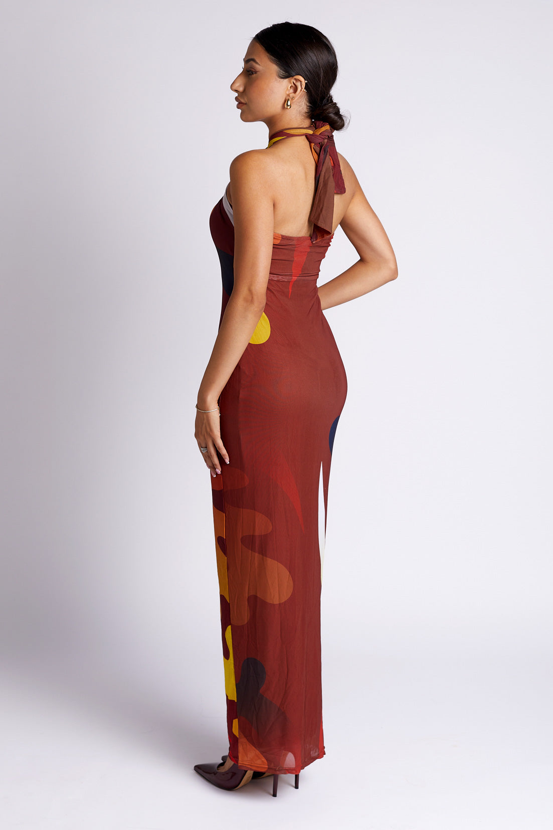 Tionne Gye Nyame African Print Halter Neck Mesh Maxi Dress