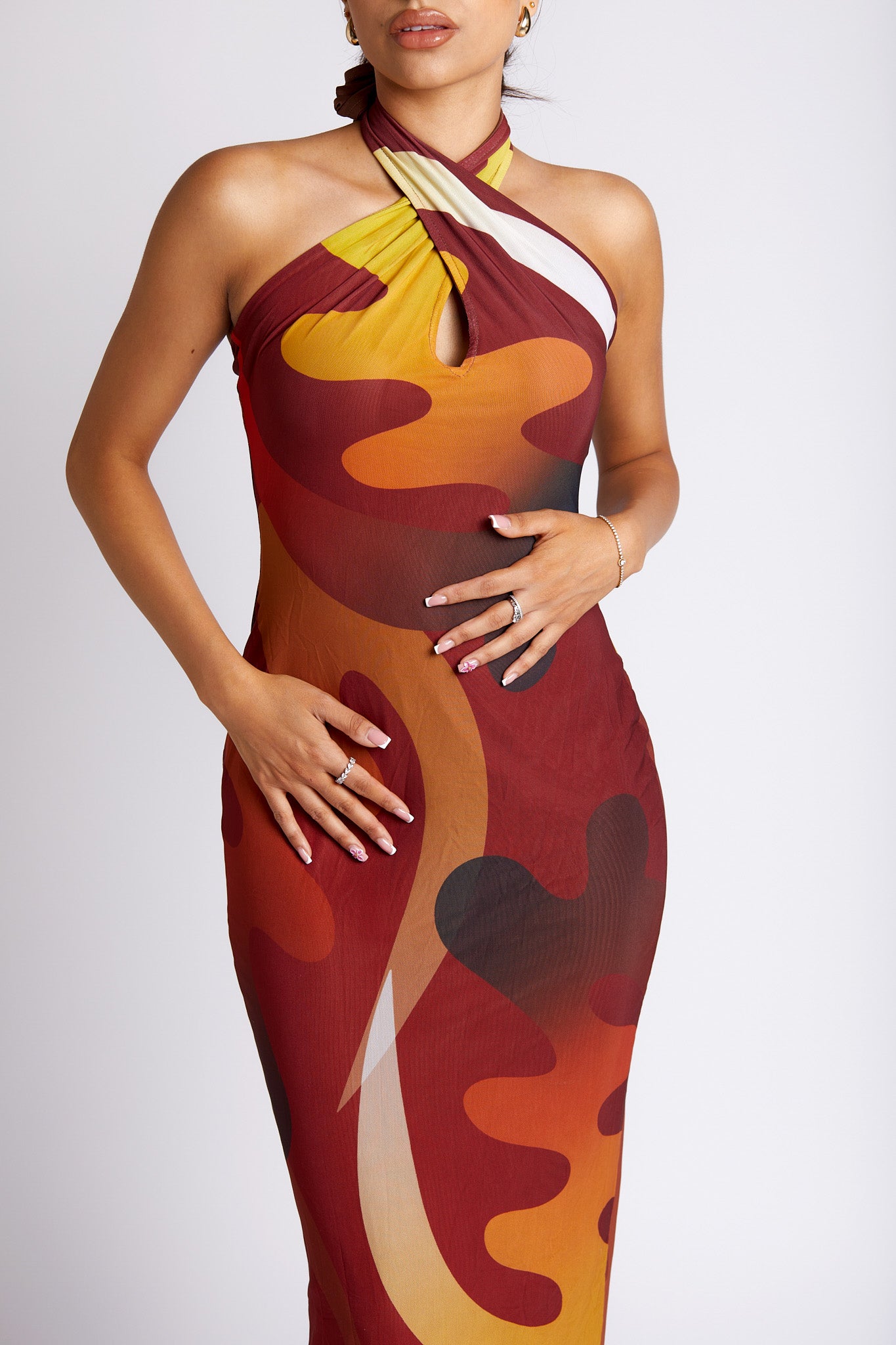 Tionne Gye Nyame African Print Halter Neck Mesh Maxi Dress