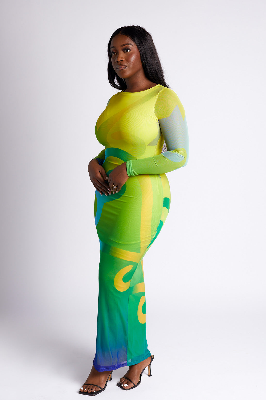 Sofia Sankofa African Print Long Sleeve Mesh Maxi Dress - Emerald