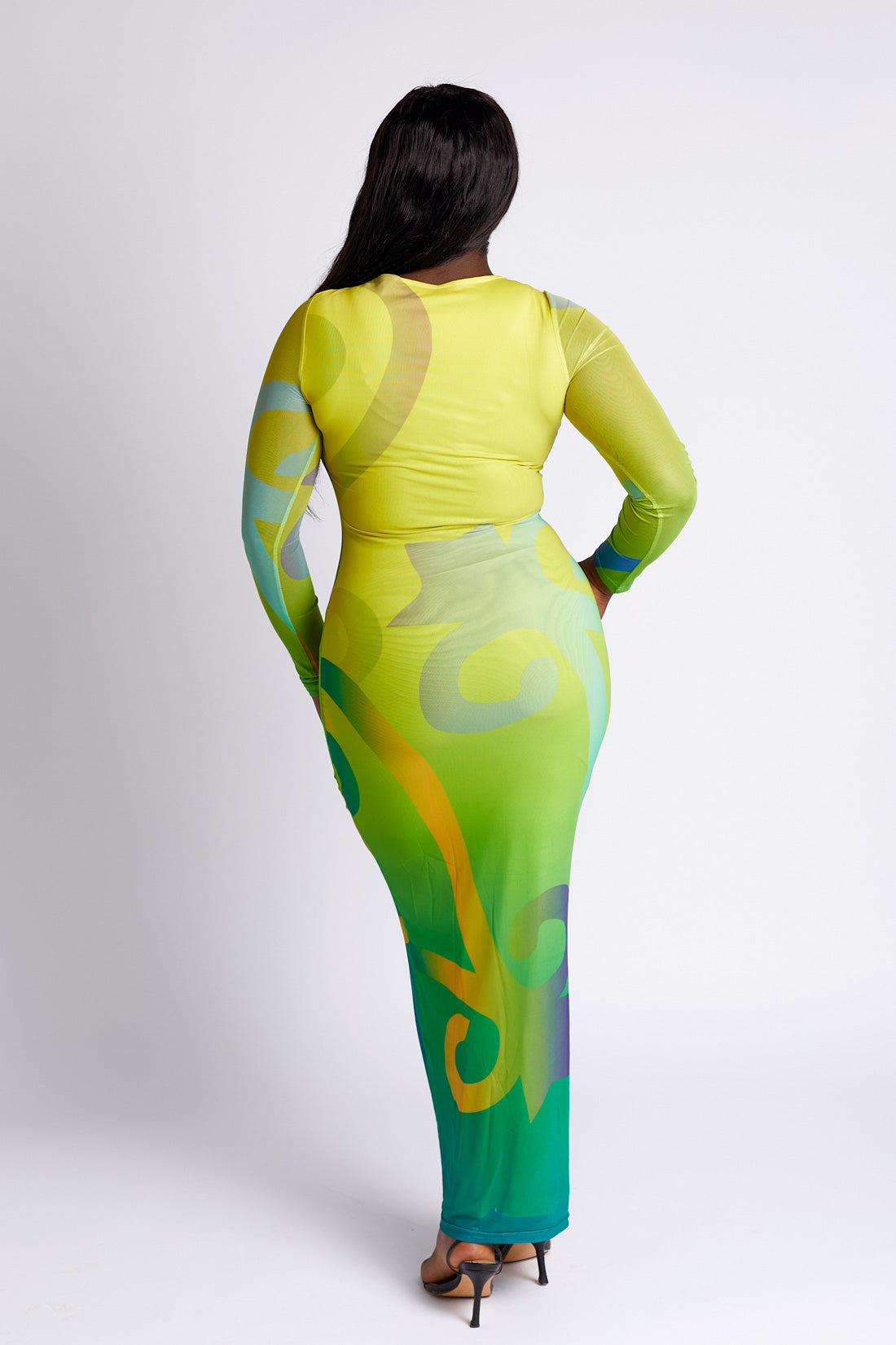 Sofia Sankofa African Print Long Sleeve Mesh Maxi Dress - Emerald