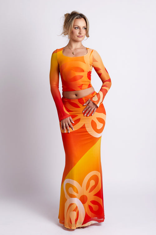 Jae Bese Saka African Print Mesh Maxi Skirt