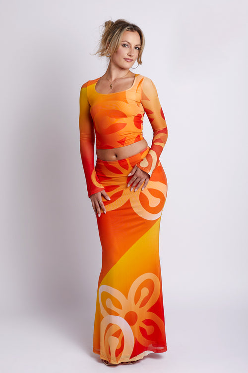 Jae Bese Saka African Print Mesh Maxi Skirt