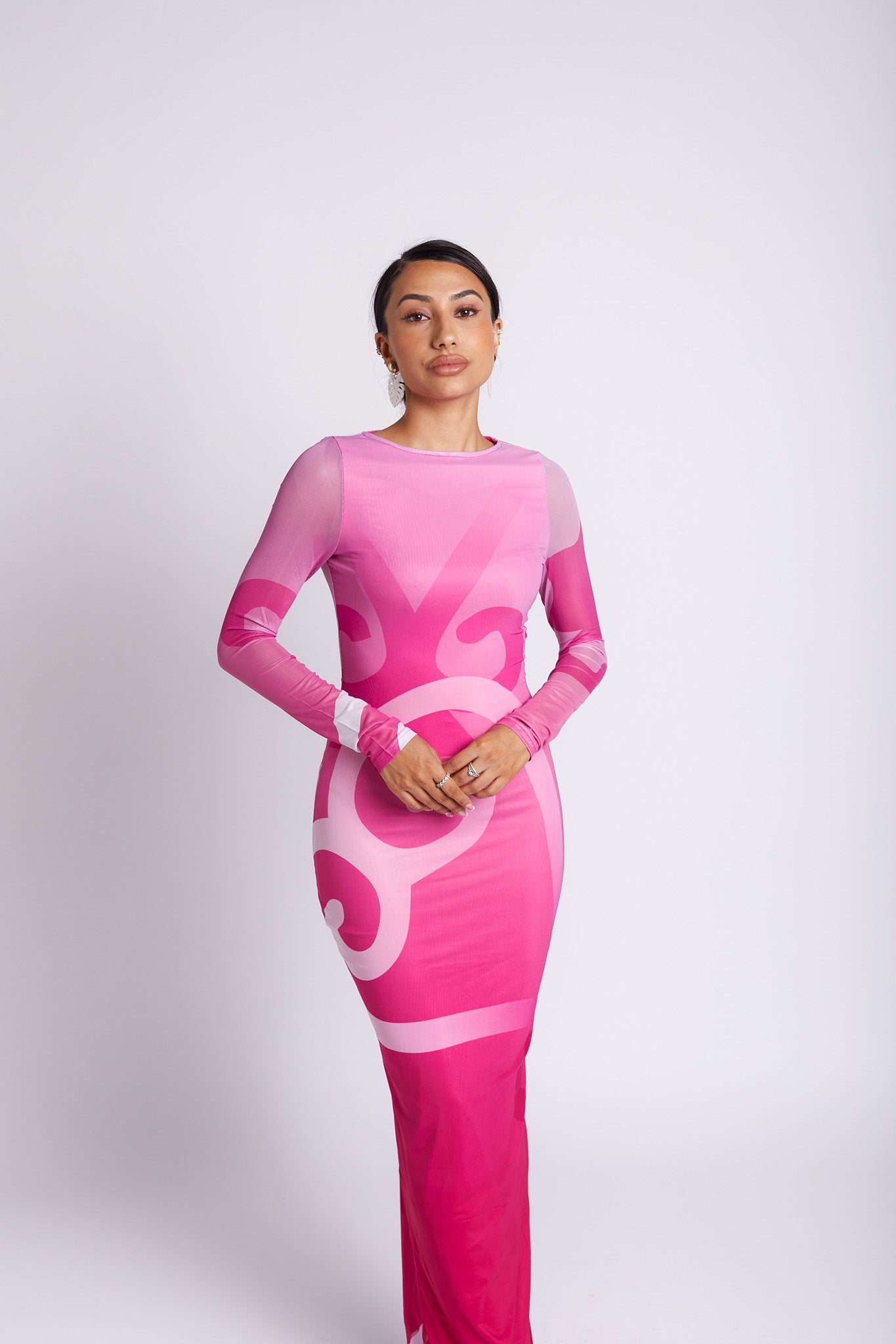 Sofia Sankofa African Print Long Sleeve Mesh Maxi Dress - Rose