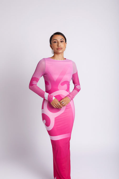 Sofia Sankofa African Print Long Sleeve Mesh Maxi Dress - Rose