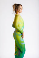 Sofia Sankofa African Print Long Sleeve Mesh Maxi Dress - Emerald