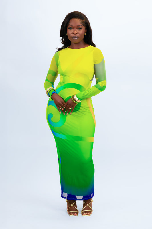 SOFIA SANKOFA African Print Long Sleeve Mesh Maxi Dress | Emerald