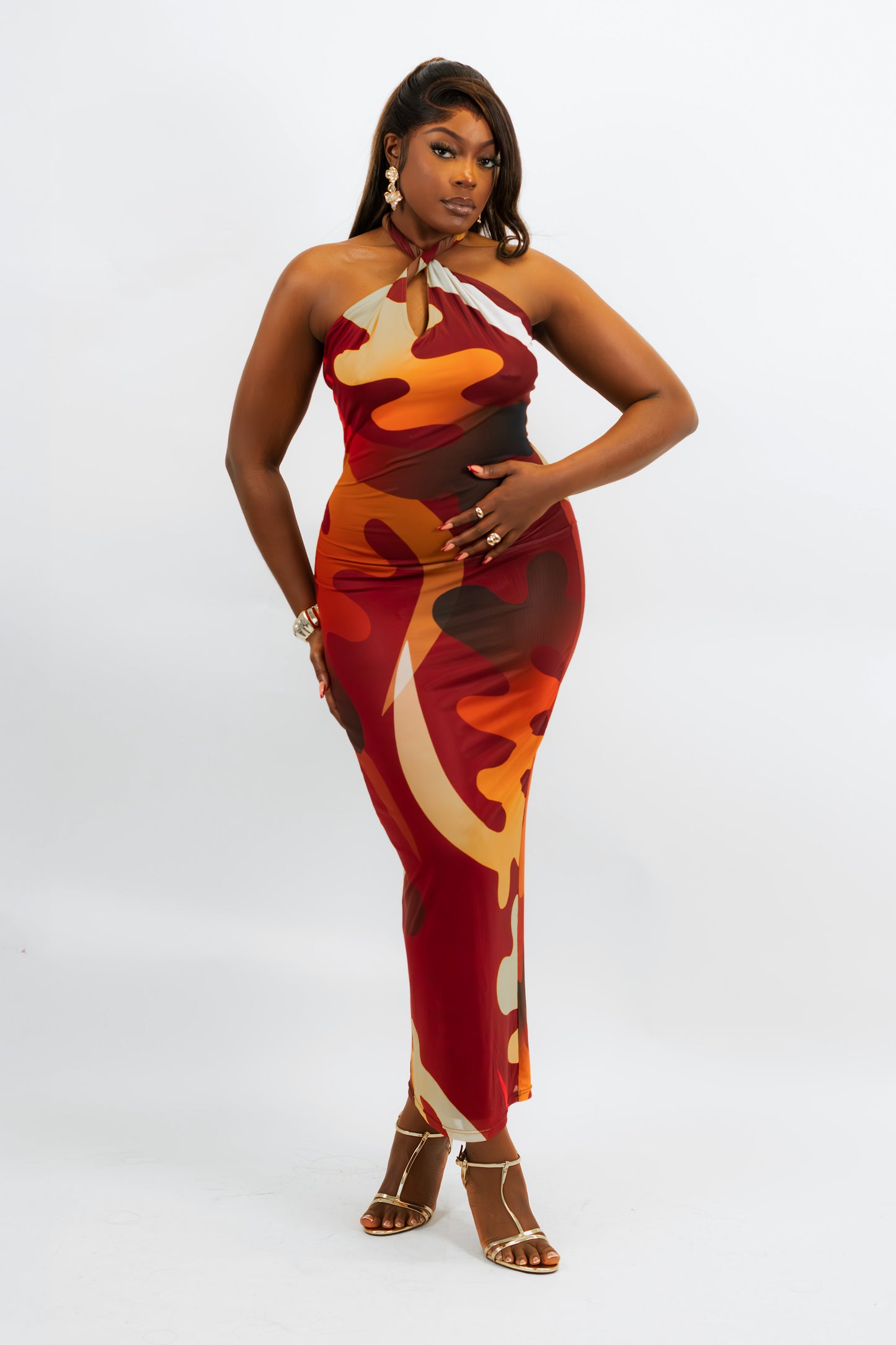 TIONNE GYE NYAME African Print Halter Neck Mesh Maxi Dress