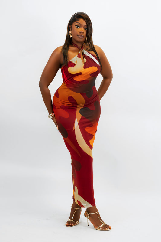 TIONNE GYE NYAME African Print Halter Neck Mesh Maxi Dress