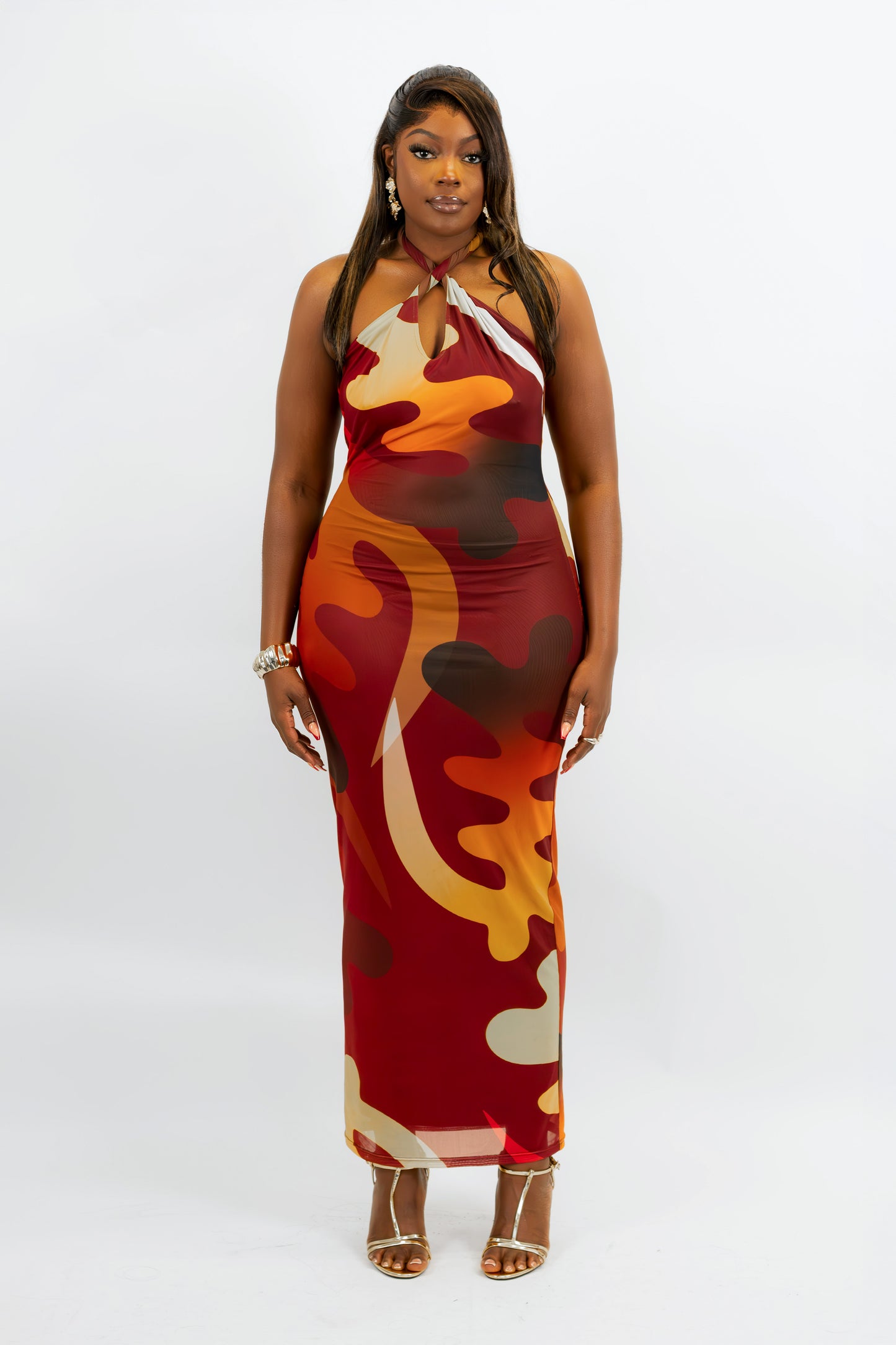 TIONNE GYE NYAME African Print Halter Neck Mesh Maxi Dress