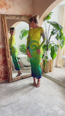 Sofia Sankofa African Print Long Sleeve Mesh Maxi Dress - Emerald