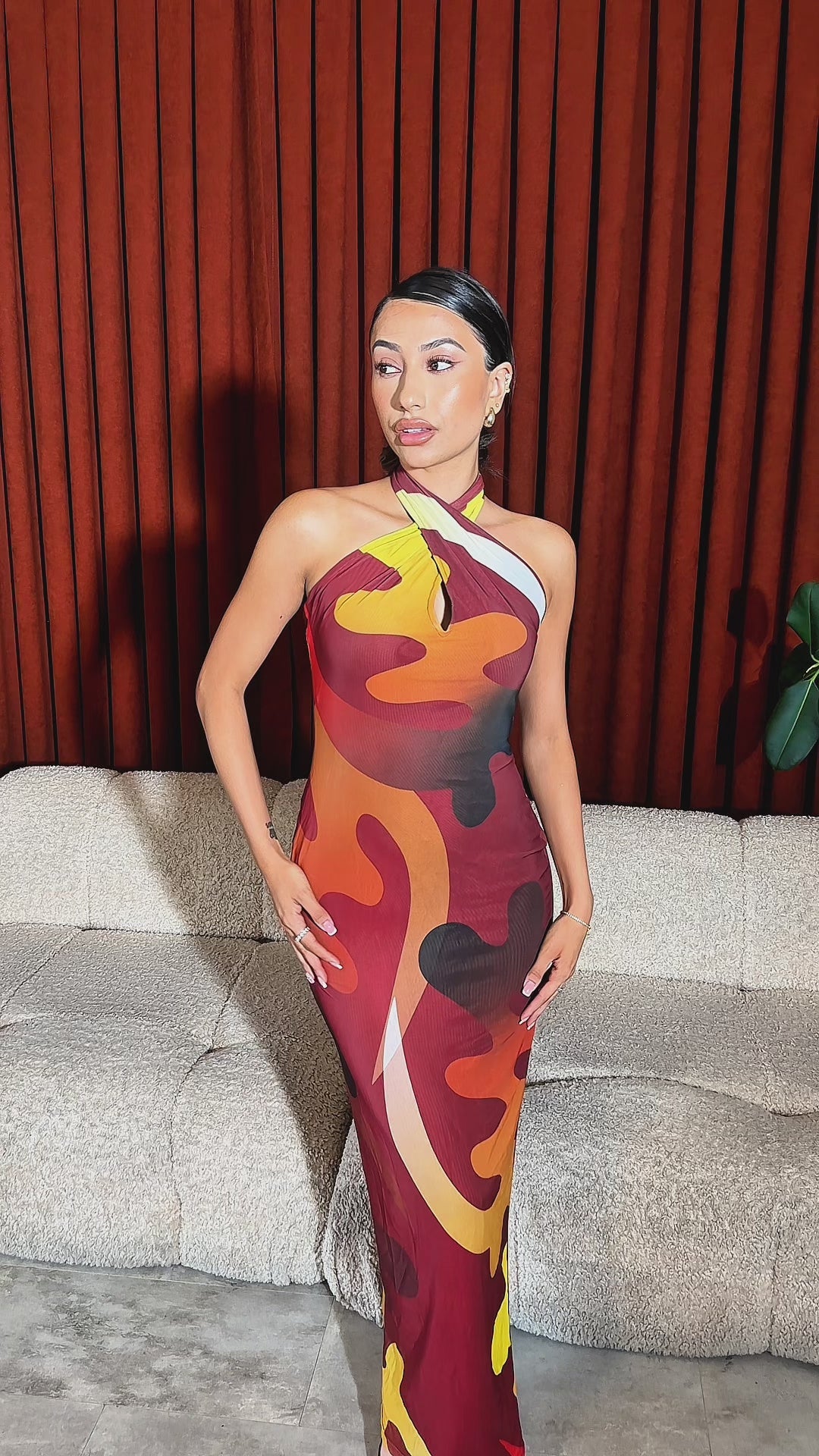 Tionne Gye Nyame African Print Halter Neck Mesh Maxi Dress