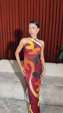 Tionne Gye Nyame African Print Halter Neck Mesh Maxi Dress