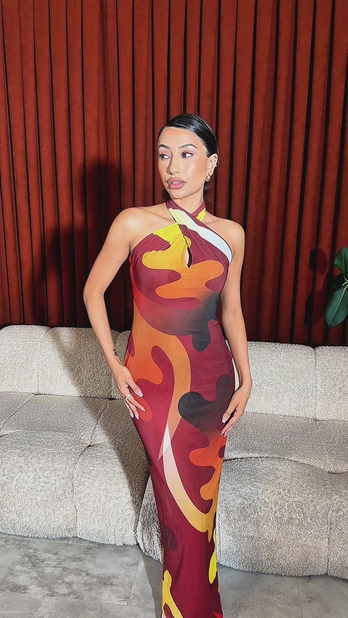 Tionne Gye Nyame African Print Halter Neck Mesh Maxi Dress