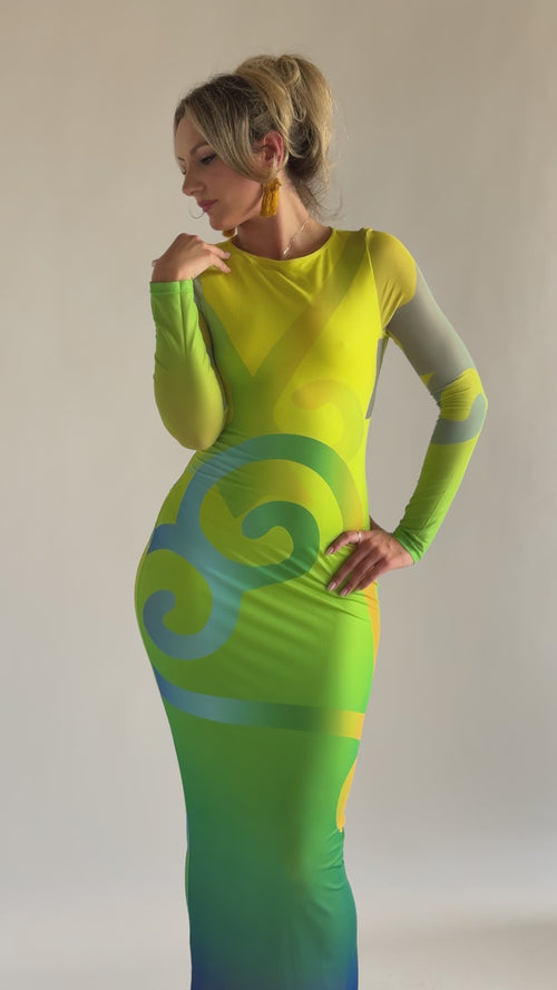 Sofia Sankofa African Print Long Sleeve Mesh Maxi Dress - Emerald