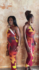 Tionne Gye Nyame African Print Halter Neck Mesh Maxi Dress