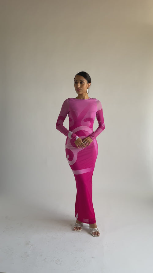 Sofia Sankofa African Print Long Sleeve Mesh Maxi Dress - Rose